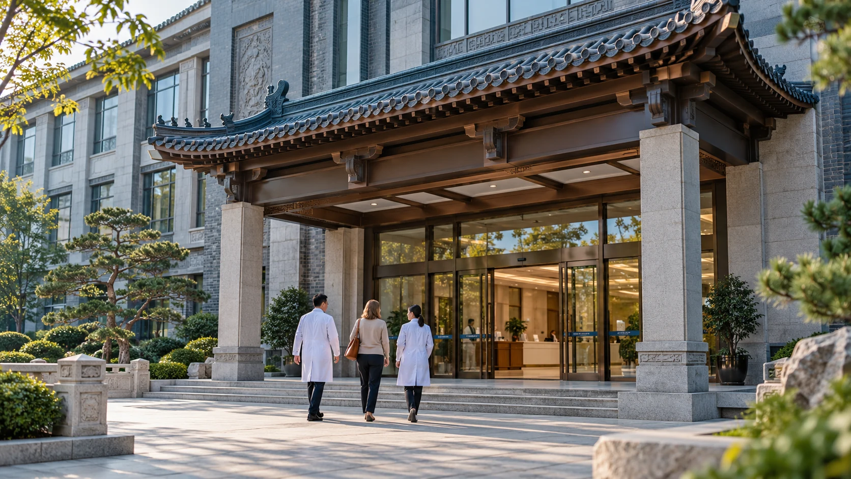 Illustrative Beijing traditional Chinese medicine hospital entrance with clinicians welcoming a visitor