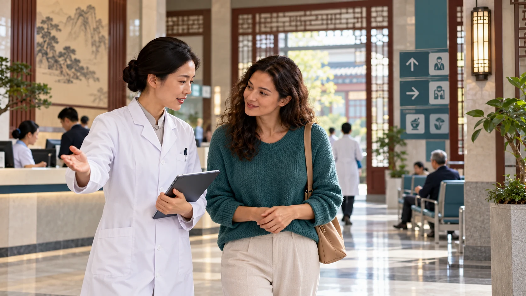 Illustrative traditional Chinese medicine outpatient lobby with a clinician welcoming an international visitor